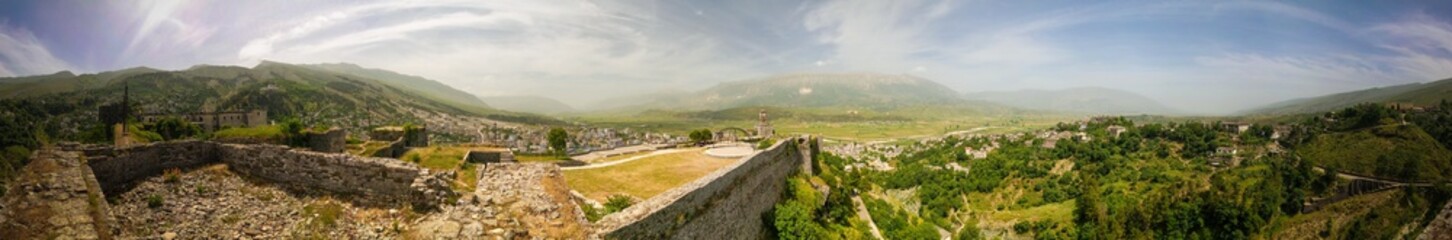360 Panoramic view to Gjirokastra castle with the wall, tower and Clock, Gjirokaster, Albania