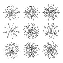 Vector collection of snowflakes, black icon on a white background