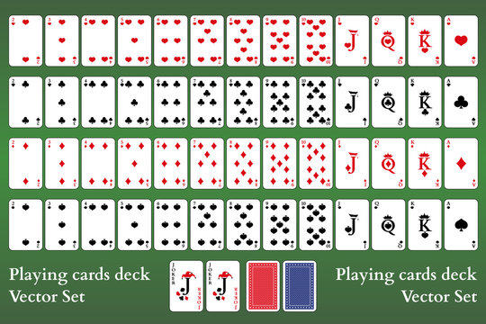 Playing cards deck on green background. Full set of Poker cards.