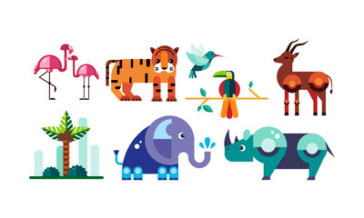 Cute polygonal African animals set, flamingo, tiger, antelope, parrot, elephant, rhino vector Illustration on a white background