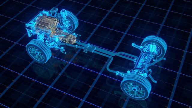 transferring power and torque from Car Internal Combustion Engine to universal joint to Reduction drive to Shafts to wheels 3d render