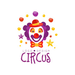 Circus logo design, carnival, festive, circus show label with clown, hand drawn template of flyear, poster, banner, invitation vector Illustration