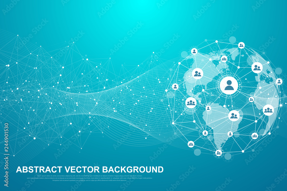 Fototapete Global structure networking and data connection concept. Social network communication in the global computer networks. Internet technology. Business. Science. Vector illustration.