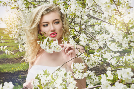 Spring.Beautiful girl in spring flowers in the nature.Model blonde in cherry blossom.Warm and lovely spring.Model photo shoot at trees at the background of spring.Photosession of human with white hair