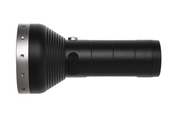modern black metal flashlight isolated on white