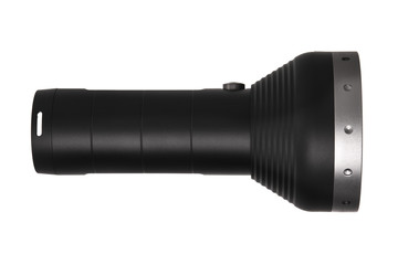 modern black metal flashlight isolated on white