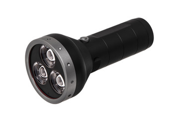 modern black metal flashlight isolated on white