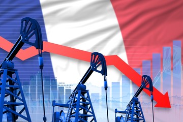 lowering, falling graph on France flag background - industrial illustration of France oil industry or market concept. 3D Illustration