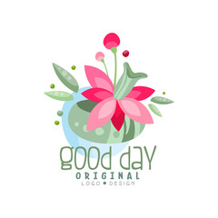 Good Day logo, design element can be used for print, card, banner, poster, invitation, colorful label with flowers vector Illustration