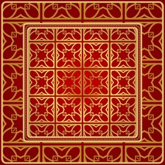 Background, Geometric Pattern With Ornate Lace Frame. Illustration. For Scarf Print, Fabric, Covers, Scrapbooking, Bandana, Pareo, Shawl. Red golden color