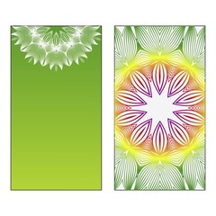 Two Yoga card, flyer, poster. Template with mandala for spiritual retreat or yoga studio. Oriental pattern. Vector illustration. Islam, arabic, indian, ottoman motifs. Green, red, yellow color
