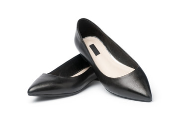 Pair of female black flat shoes on white background