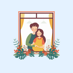 Fototapeta na wymiar Man Hugging Woman Pregnant Standing at Floral Window Illustration Vector