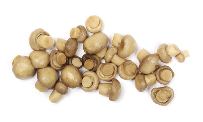 Champignon mushrooms isolated on white background, top view