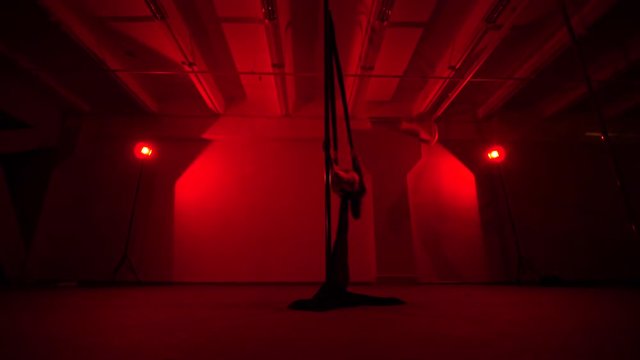 Adult sexy woman dancing dance in an intimate setting. Silhouette of a sexy woman dancing on red background. Pole dance from an old woman