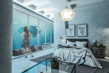 Unterwasser Schlafzimmer mit großer Panoramaglasfront zum Meer
