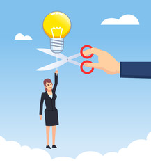 Businesswoman flying on idea balloon, hand cutting balloon rope with scissors. Business intervene, harm, steal idea. Simple style vector illustration