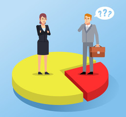 Businesswoman and man standing on various pie charts. Business statistics, strategy, success. Simple style vector illustration