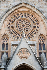 Obraz premium Detail of beautiful gothic cathedral Saint Bartholomew in the central square of Soller, Mallorca island, Spain