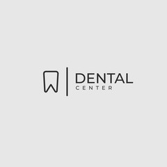 Obraz premium Modern minimalistic dentist logo design template. Line tooth creative symbol. Dental clinic vector sign mark icon.