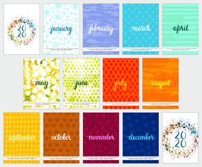 Calendar design for the year 2020, a template with calligraphy, watercolor textures representing the changes in nature, and a place for text or logo. Months names in European languages