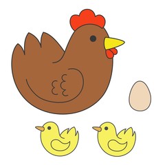 Brown cartoon chicken with egg and little chickens. Set of domestic birds. Vector illustration.