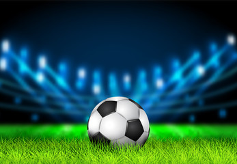Fototapeta premium Realistyczna piłka nożna 3D na boisku z trawy z jasnymi światłami stadionu. Football Arena. Ilustracja wektorowa do piłki nożnej, gry sportowe, piłki nożnej, mistrzostwa, rozgrywki. Koncepcja tło sportowe.