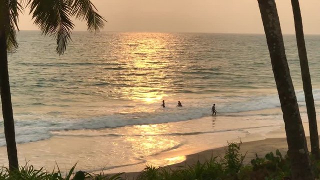 Amazing sunset on tropical beach of Odayam Varkala, sunlight reflect on water surface, palm leaves develop in wind Indians people swim in ocean waves of Kerala India 4K