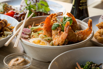 Delicious Asian food, for deliver at home, dinner with family and friends