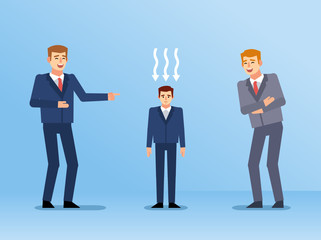Two man laugh at businessman. Man shrinks after mockery from his colleagues. Mockery, harassment at work. Flat design vector illustration