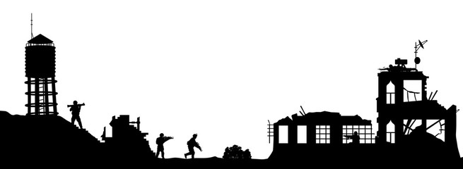 Black military silhouettes on white background. Soldiers assault house with terrorists. Scene of broken city. War panorama