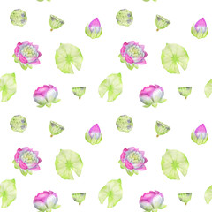 hand drawn watercolor seamless pattern consisting of flowers and leaves of Lotus