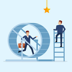 Businessman running in hamster wheel. Man climbing on short ladder to big dream. To not progress in work concept. Useless labor, work. Flat design vector illustration