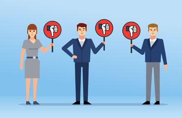 Various people hold sign with thumb down gesture. Low, bad scores, not satisfied. Assessment of judges, jury. Flat design vector illustration