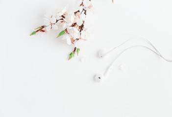 headphones with white flowers.white background.copy space.flat lay.Valentines day concept