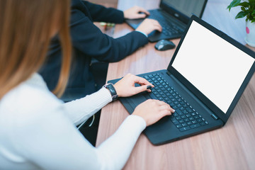 The girl works at a laptop in the office. Hands with laptop close up