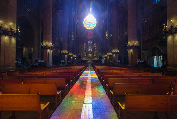 Gothic style of interior in Cathedral of Santa Maria of Palma (La Seu) in Palma de Mallorca, Spain