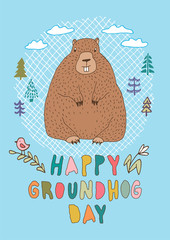 Happy Groundhog Day vector greeting card with hand drawn cute stylized groundhog, trees, branch, bird, flower, clouds, grid rectangle shape and lettering.