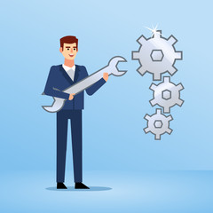 Businessman holds wrench and stands near gears. Business, technical support. Flat design vector illustration