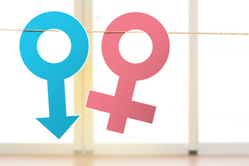 Male and female gender symbol hanging on the rope