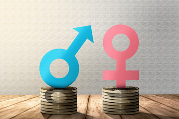 Male and female gender symbol on stack of coins with same height