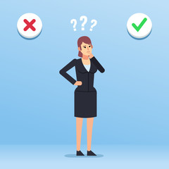 Confused businesswoman stands between approve and decline buttons. Making decision, accept or refuse, social poll. Flat design vector illustration
