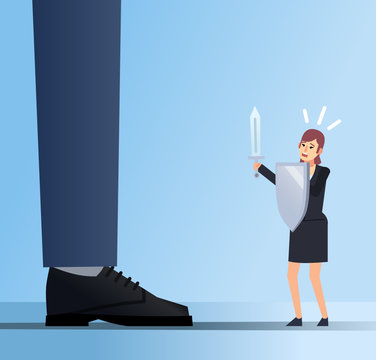 Businesswoman holds sword and shield and stands near giant leg. Business rivalry, face difficulties, obstacles. Flat design vector illustration