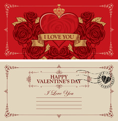 Fototapeta na wymiar Two sides of a Valentine card or postcard with a red heart and roses. Romantic vector postcard in vintage style with place for text, words Happy Valentines day and calligraphic inscription I love you