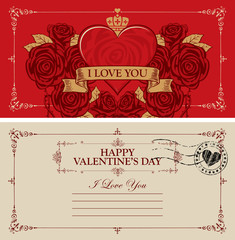 Two sides of a Valentine card or postcard with a red heart and roses. Romantic vector postcard in vintage style with place for text, words Happy Valentines day and calligraphic inscription I love you