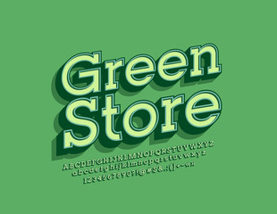 Naklejka premium Vector bright emblem Green Store. Stylish 3D Font with Shadow. Vintage simple Alphabet Letters, Numbers and Symbols.