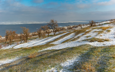 Winter panoramic landscape with Kakhovka Reservoir located on the Dnipro River near Skelki village, Ukraine