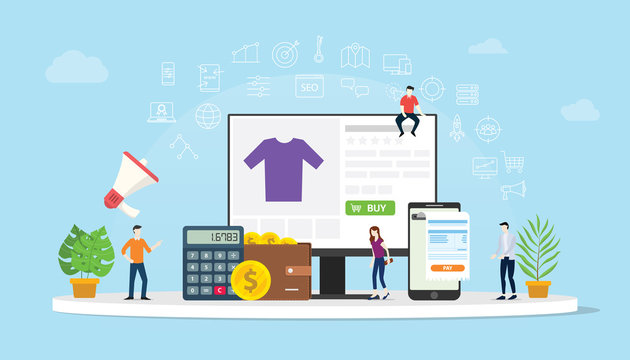 e-commerce online shopping with people buy with website interface cart icon with money calculator and apps invoice - vector
