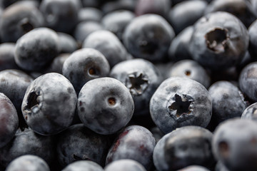 Ripe tasty blueberries and berries on a wooden table in a bowl