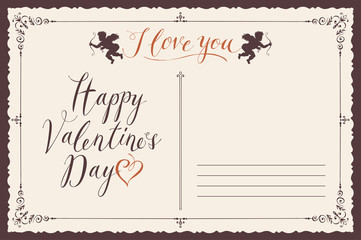 Retro valentine card in form of postcard with inscriptions and cupids. Romantic vector card in retro style with place for text, inscriptions I love you and Happy Valentine's day